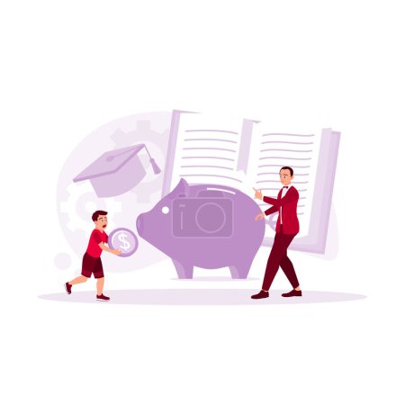 Illustration for Father teaches his son to save. The boy puts coins into a piggy bank. Save for education. Financial literacy concept. Trend Modern vector flat illustration - Royalty Free Image