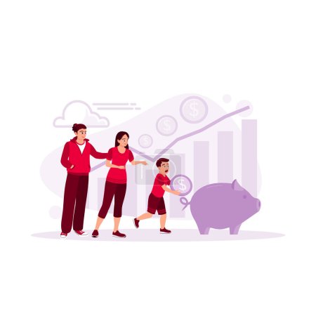 Illustration for The boy puts coins into a piggy bank. Parents teach their children to save money for the future. Financial literacy concept. Trend Modern vector flat illustration - Royalty Free Image