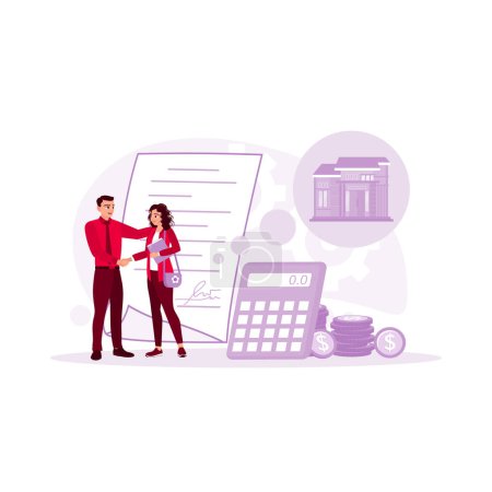 Illustration for Broker shakes hand with client. The buyer signs the loan contract paper. Mortgage process concept. Trend Modern vector flat illustration - Royalty Free Image