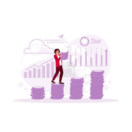 Illustration for A businessman standing on a pile of coins while reading a financial report. Financial literacy concept. Trend Modern vector flat illustration - Royalty Free Image