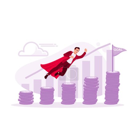 Illustration for Businessman flying on a pile of coins. Finances continue to increase to reach targets. Financial literacy concept. Trend Modern vector flat illustration - Royalty Free Image
