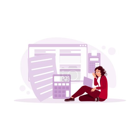 Illustration for A young woman sitting on the floor, surprised looking at bills on her laptop. Utility Bills concept. Trend Modern vector flat illustration - Royalty Free Image