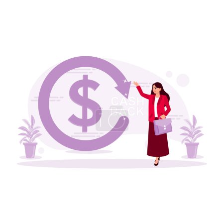 Illustration for Female manager carrying a briefcase. Touch the money back symbol. Cash Back concept. Trend Modern vector flat illustration - Royalty Free Image