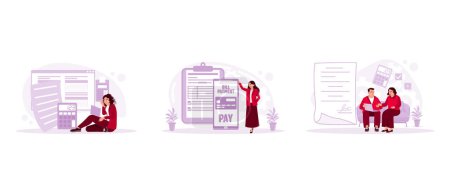 Illustration for Surprised to see the bill on the laptop. Pay electricity bills online. Calculate the bills that must be paid. Utility Bills concept. Set Trend Modern vector flat illustration - Royalty Free Image