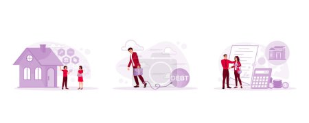 Illustration for The real estate broker explains the client. The burden of debt wrapped around his legs with a rope. Broker shaking hands with client. Mortgage process concept. Set Trend Modern vector flat illustration - Royalty Free Image