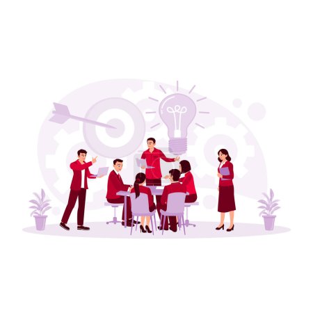 Illustration for Multicultural businesspeople meet in the office to express each other's opinions during a meeting. Brainstorming concept. Trend Modern vector flat illustration - Royalty Free Image