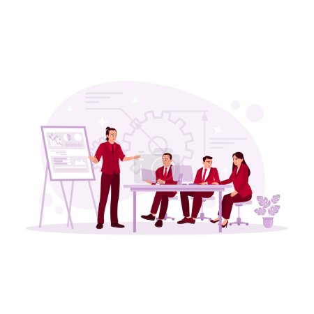 Illustration for Multiethnic group of business people working together, meeting and exchanging ideas in the office. Brainstorming concept. Trend Modern vector flat illustration - Royalty Free Image