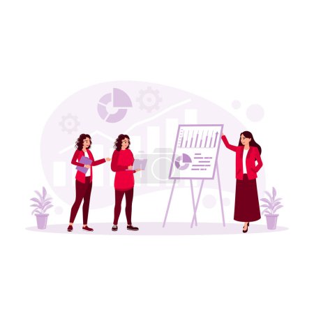Illustration for Businesswomen meet and exchange ideas for developing work projects. Brainstorming concept. Trend Modern vector flat illustration - Royalty Free Image