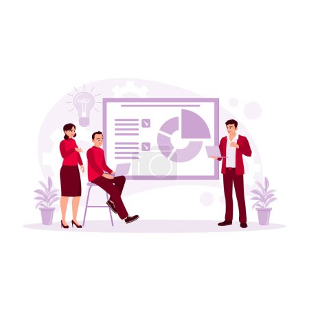 Illustration for A group of young businesspeople held a meeting and presented the results of their work. Brainstorming concept. Trend Modern vector flat illustration - Royalty Free Image