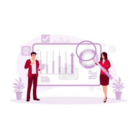 Illustration for Female manager analyzes virtual workforce recruitment. Outsourcing Concept. Trend Modern vector flat illustration - Royalty Free Image