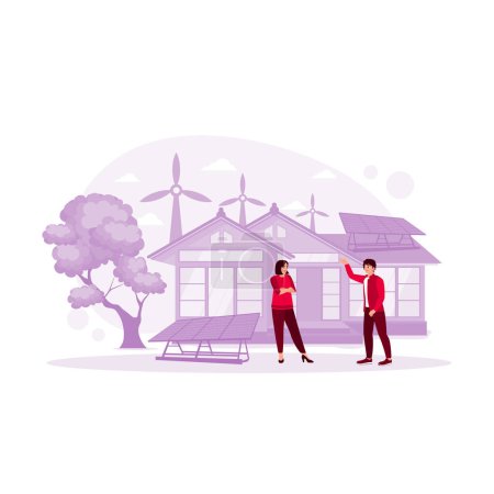 Téléchargez les illustrations : Un mari et sa femme se tiennent devant la maison. Utilisation des panneaux solaires et de la technologie éolienne. Concept Eco House. Tendance Illustration plate vectorielle moderne - en licence libre de droit