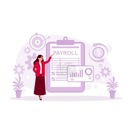Illustration for Female accountant examines company payroll financial documents. Payroll concept. Trend Modern vector flat illustration - Royalty Free Image