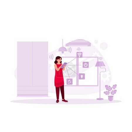 Illustration for A young woman controls her home electronic devices using a smartphone. Smart Home concept. Trend Modern vector flat illustration - Royalty Free Image