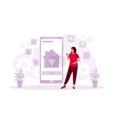 Ilustración de Mujer joven utilizando la aplicación para el hogar inteligente en la pantalla de su teléfono. Concepto de hogar inteligente. Tendencia Moderno vector ilustración plana - Imagen libre de derechos