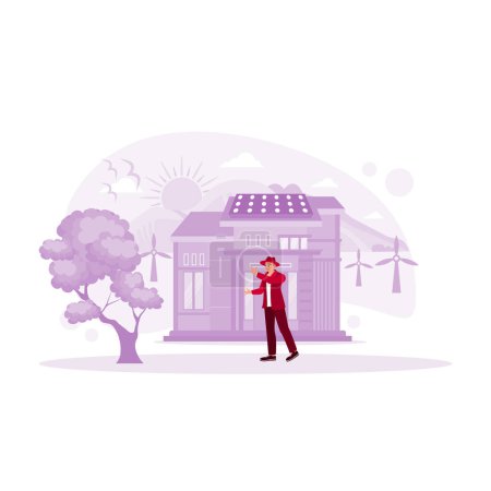 Illustration for Rural houses use solar panels and wind turbine technology. Eco House concept. Trend Modern vector flat illustration - Royalty Free Image