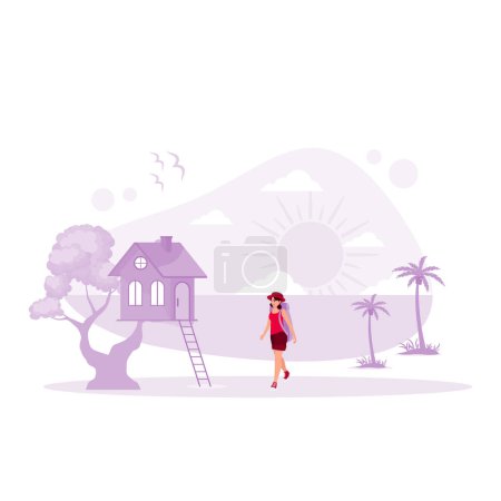 Ilustración de Una viajera está caminando hacia una casa en el árbol junto a la playa. Concepto Eco House. Tendencia Moderno vector ilustración plana - Imagen libre de derechos