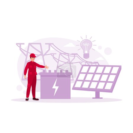 Illustration for An electrician makes environmentally friendly and renewable energy with solar power. Power plant with photovoltaic panels and eolic turbine. Storage concept. Trend Modern vector flat illustration - Royalty Free Image