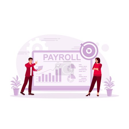 Illustration for Businessman in an office making financial graphs and charts towards the target. Payroll concept. Trend Modern vector flat illustration - Royalty Free Image