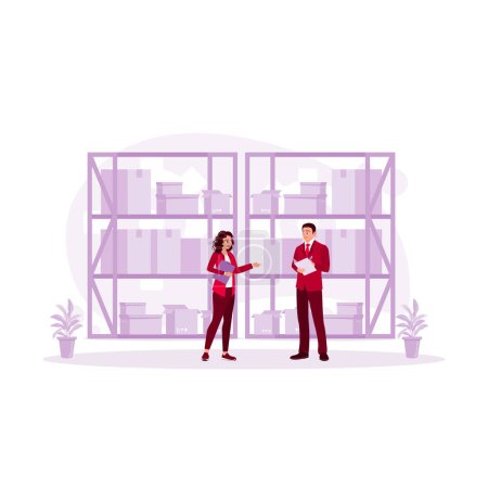 Illustration for Male female inventory manager checking and recording stock of goods in the warehouse. Storage concept. Trend Modern vector flat illustration - Royalty Free Image