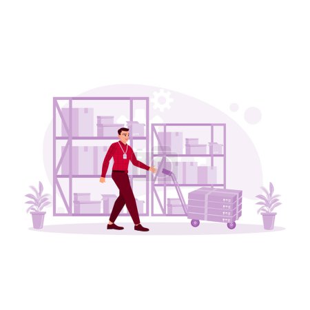 Illustration for A male employee pushed a trolley containing boxes to the goods storage area. Storage concept. Trend Modern vector flat illustration - Royalty Free Image