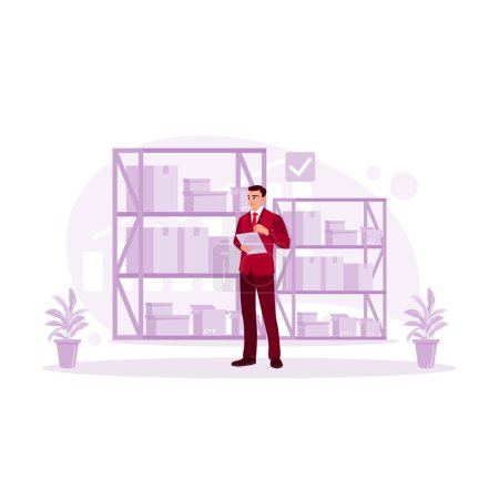 Illustration for Entrepreneurs check and record the stock of goods in the warehouse. Storage concept. Trend Modern vector flat illustration - Royalty Free Image