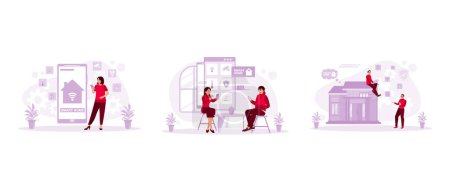 Illustration for Smart Home concept. Smart home application. Husband and wife relax and control everything with their cellphones. Set Trend Modern vector flat illustration - Royalty Free Image