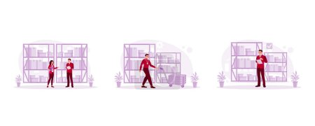 Illustration for Storage concept. Check and record the stock of goods in the warehouse. Male employee pushing a trolley. Supply of goods in the warehouse. Set Trend Modern vector flat illustration - Royalty Free Image