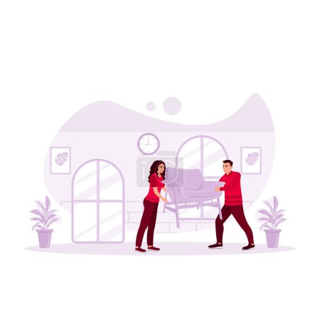 Photo for Young couple renovating their new home. Moving furniture together. Home Renovation concept. Trend Modern vector flat illustration - Royalty Free Image