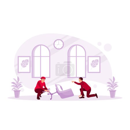 Illustration for A man asks a repairer to help assemble a chair in his new house. Mortgage Process concept. Trend Modern vector flat illustration - Royalty Free Image