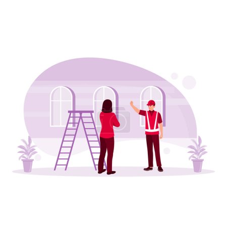 Illustration for The woman who owns the house watches over her house being repaired by a contractor. Home Renovation concept. Trend Modern vector flat illustration - Royalty Free Image