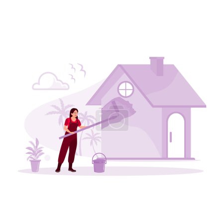 Téléchargez les illustrations : Une jeune femme peint l'extérieur de sa nouvelle maison avec un rouleau à peinture. Concept de rénovation de la maison. Tendance Illustration plate vectorielle moderne - en licence libre de droit