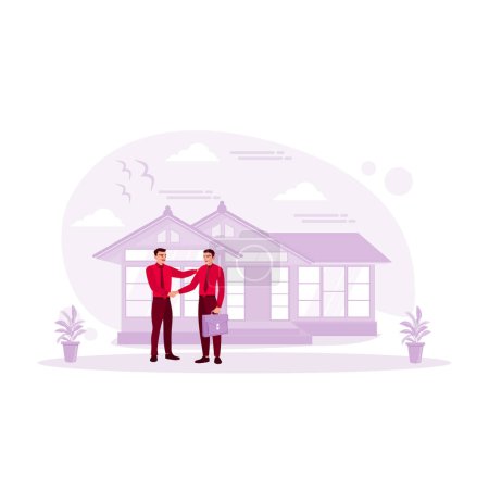 Ilustración de Un hombre de negocios de bienes raíces estrechando la mano con el cliente comprando una casa. Concepto de proceso hipotecario. Tendencia Moderno vector ilustración plana - Imagen libre de derechos