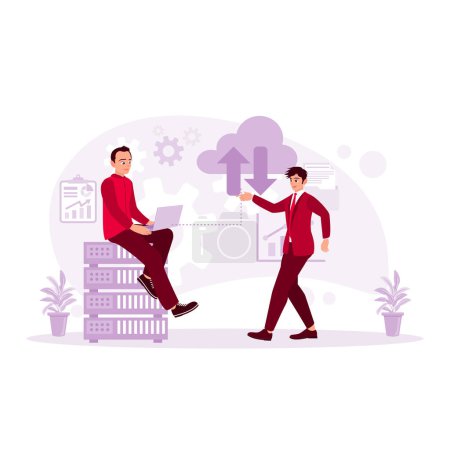 Illustration for Using a laptop, the manager told the computer expert to enter data into the data centre. Could Computing concept. Trend Modern vector flat illustration - Royalty Free Image