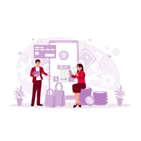 Illustration for Happy wife shopping online with husband. The couple uses credit cards to pay bills. Internet Banking concept. Trend Modern vector flat illustration - Royalty Free Image