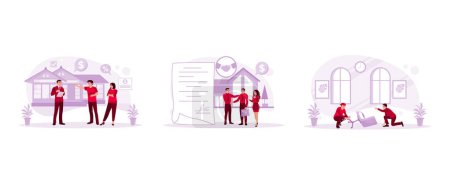 Illustration for The property agent explains. Shake hands after signing the agreement letter. Ask a repairer for help to assemble the chair. Mortgage Process concept. Set Trend Modern vector flat illustration - Royalty Free Image
