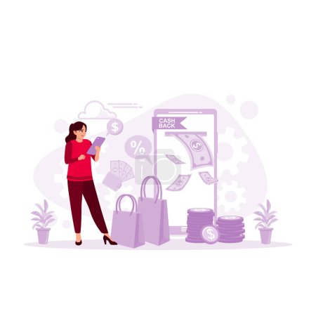 Illustration for Women shopping online using a smartphone. Get money back from the cellphone. Cashback concept. trend modern vector flat illustration - Royalty Free Image