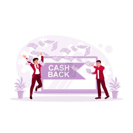 Illustration for Two men are standing on laptops, building online businesses and making money rain from laptops. Cashback concept. trend modern vector flat illustration - Royalty Free Image