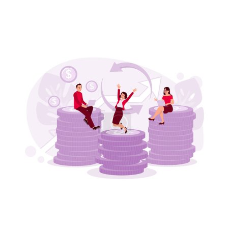 Illustration for Business people are on a pile of coins. Examining the circulation of money and money back using a laptop. Cashback concept. trend modern vector flat illustration - Royalty Free Image