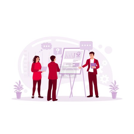 Illustration for Young businessman having a meeting with colleagues analyzing economic growth in the office. Presentation concept. trend modern vector flat illustration - Royalty Free Image