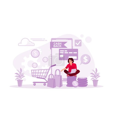 Illustration for The man is sitting on a pile of coins, holding a laptop. Calculate cash back after paying bills using a credit card. trend modern vector flat illustration - Royalty Free Image