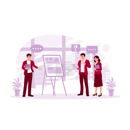 Illustration for Businessman giving educational workshop presentation in office. Ask each other questions and answers during the presentation. Presentation concept. trend modern vector flat illustration - Royalty Free Image