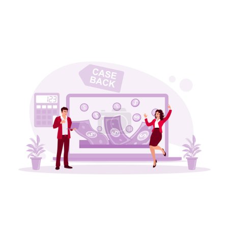 Illustration for The woman is jumping, and the man is holding a laptop. Got a refund from the laptop screen. Cashback concept. trend modern vector flat illustration - Royalty Free Image