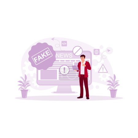 Illustration for Man holding laptop and searching for information from laptop. Fake disinformation technology is created on TV and in newspapers. Fake News concept. trend modern vector flat illustration - Royalty Free Image