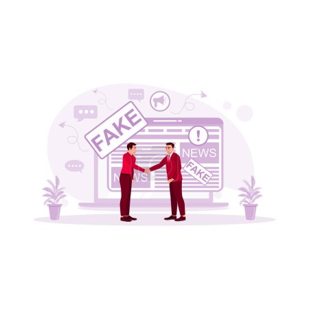 Illustration for Two businessmen shaking hands in front of a laptop computer with fake news written on it. Spreading false information. Lie. Fake News concept.trend modern vector flat illustration - Royalty Free Image