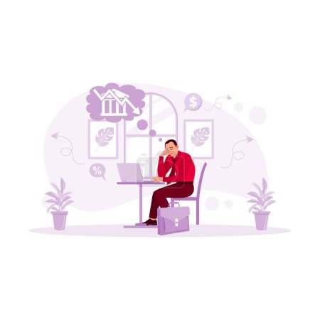 Illustration for Sad middle-aged businessman sitting in front of the laptop. Calculating declining finances. Sitting near a pile of bills and feeling stressed. Financial Instability concept. trend modern vector flat illustration - Royalty Free Image