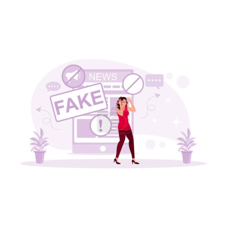 Illustration for A stressed woman holding her head after hearing false information from a cell phone. Fake News concept. trend modern vector flat illustration - Royalty Free Image