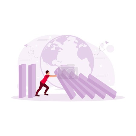 Illustration for Young entrepreneurs resist the domino effect that is about to fall. Overcoming the financial crisis. Financial Instability concept. trend modern vector flat illustration - Royalty Free Image