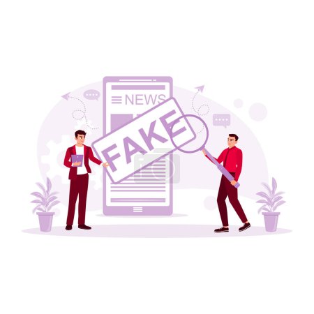 Ilustración de Dos hombres analizan noticias falsas desde teléfonos inteligentes. Concepto de noticias falsas. tendencia vector moderno ilustración plana - Imagen libre de derechos