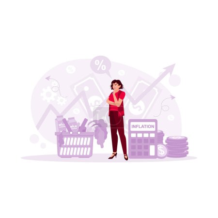 Illustration for A woman looks panicked after counting shopping items whose prices continue to rise. Inflation concept. trend modern vector flat illustration - Royalty Free Image