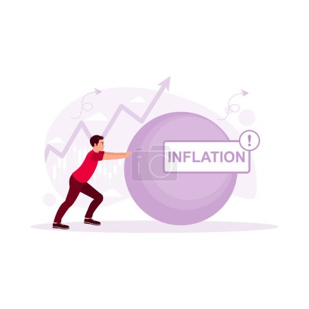 Illustration for Man pushing a large rock with an inflation sign. The concept of crisis and anti-crisis management. Inflation concept. trend modern vector flat illustration - Royalty Free Image